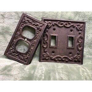 2pc Cast Iron Dbl Toggle Switch & Dbl Outlet Wall Plate Cover Rustic Old World